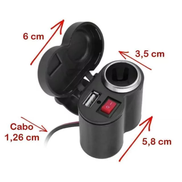 Tomada USB Para Moto Carregador Celular + Acendedor