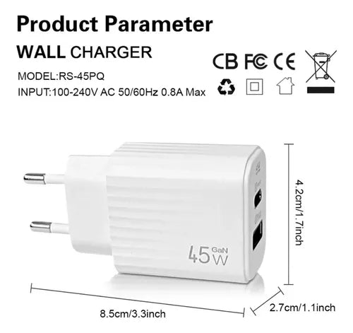 Fonte Carregador Adaptador Usb-c 45w Turbo Com Cabo 110/220v