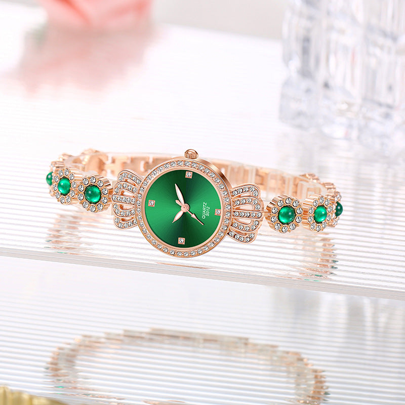 Relógio Feminino com Pedras Verdes - Luxo e Sofisticação