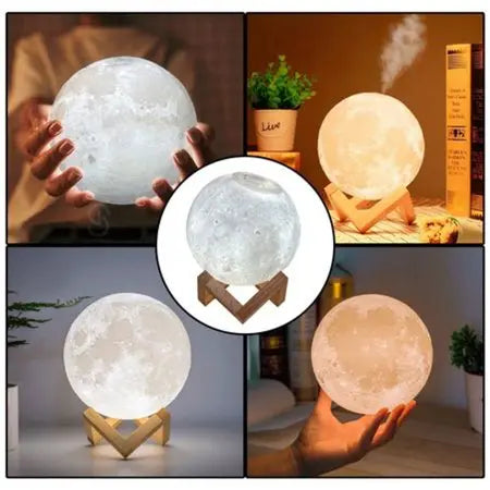 Umidificador de Lua 3D com Iluminação LED e Suporte de Madeira - Hidrate e Ilumine Seu Ambiente com Elegância e Magia