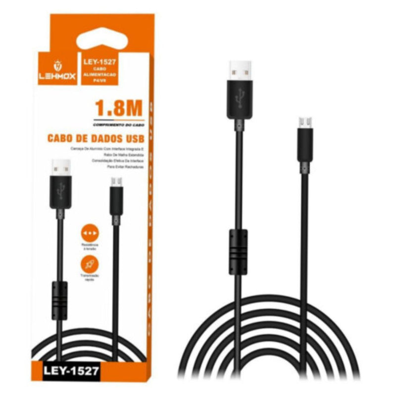Cabo V8 para Controle PS4 Lehmox LEY-1527 – 1.8M de Liberdade para Jogar Sem Parar!