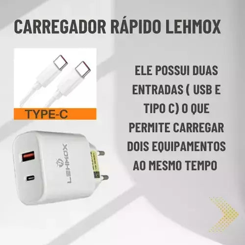 Carregador Rápido Turbo Duplo 5.1a Tipo-c E Usb + Cabo
