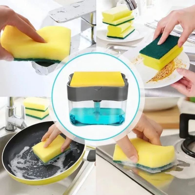 Dispenser Mágico 2 em 1 – Detergente com Esponja na Medida Certa!