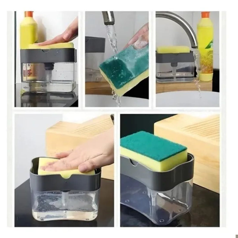 Dispenser Mágico 2 em 1 – Detergente com Esponja na Medida Certa!