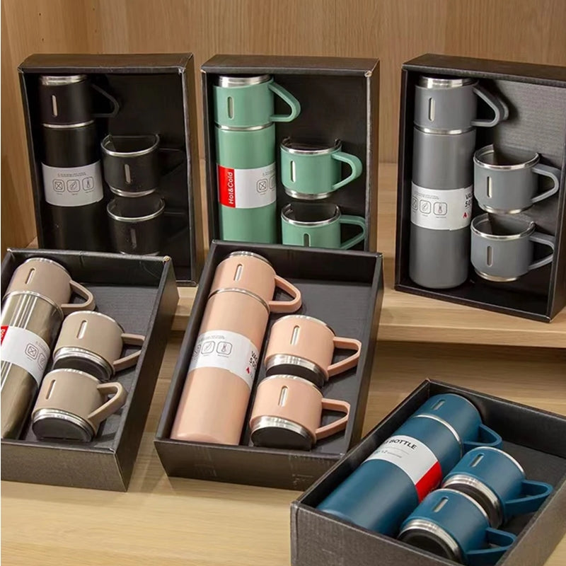 Kit Garrafa Térmica Inox 500ml Com 3 Xícaras Camping Viagem Café