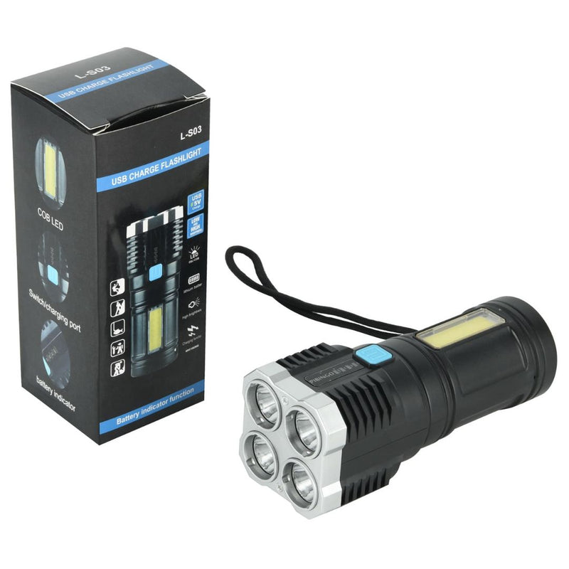 Lanterna LED Super Potente à Prova d’Água – 4 Núcleos + Recarregável via USB!