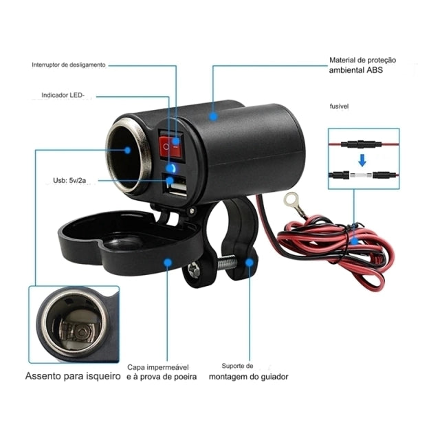Tomada USB Para Moto Carregador Celular + Acendedor