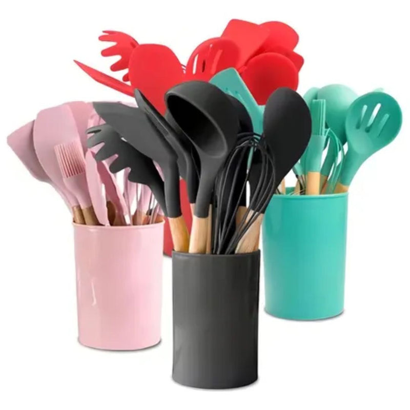 Kit 12 Peças Utensílios de Cozinha Silicone e Bambu – Resistência, Estilo e Praticidade