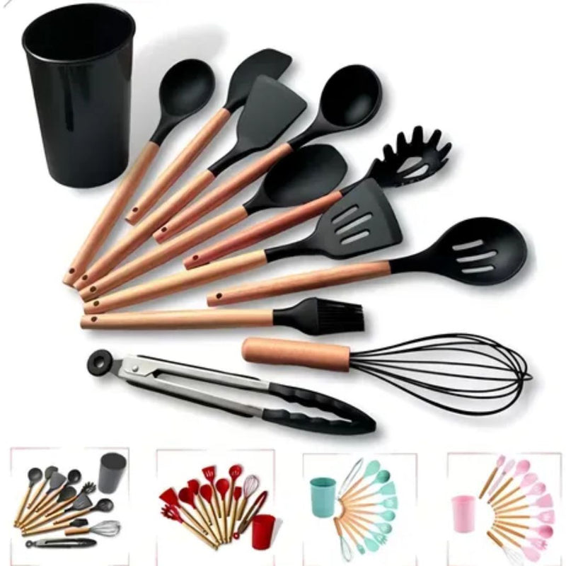 Kit 12 Peças Utensílios de Cozinha Silicone e Bambu – Resistência, Estilo e Praticidade