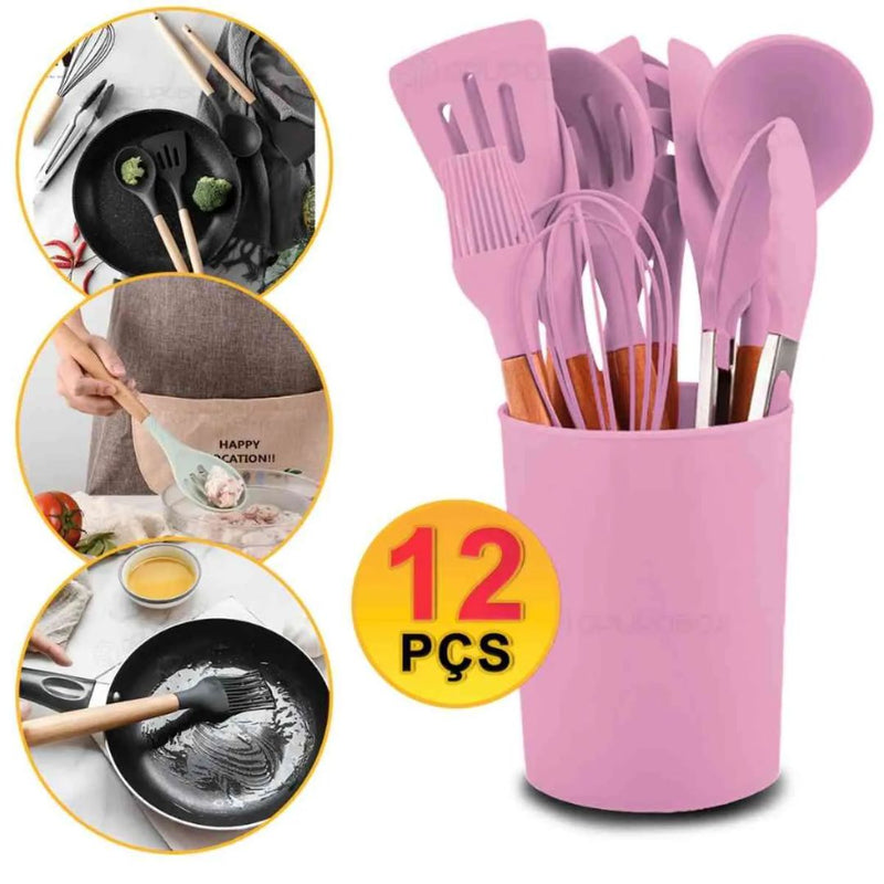 Kit 12 Peças Utensílios de Cozinha Silicone e Bambu – Resistência, Estilo e Praticidade